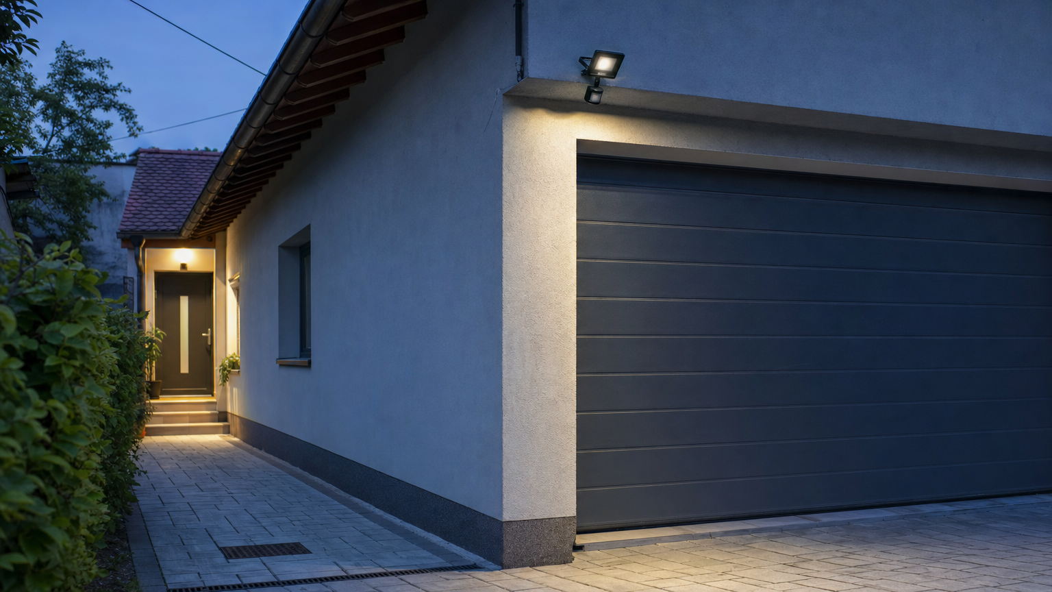 LED reflektor s senzorjem osvetljuje dovoz in garažo ob večerni svetlobi