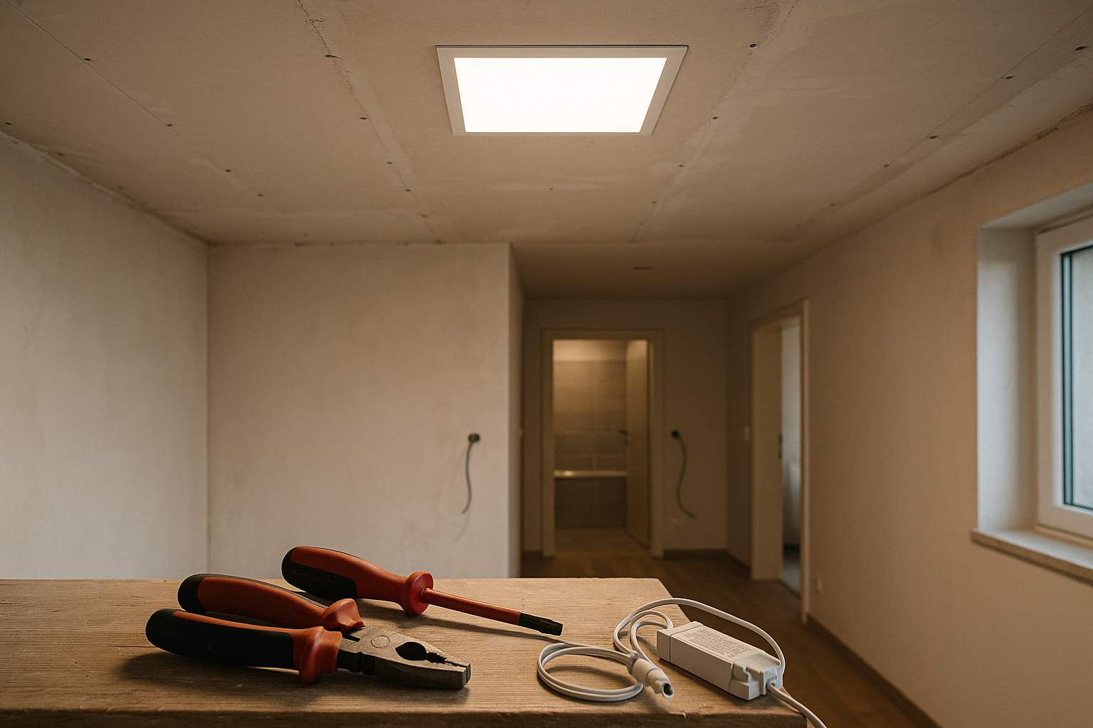 Vgradni LED panel v knauf stropu med načrtovanjem razsvetljave
