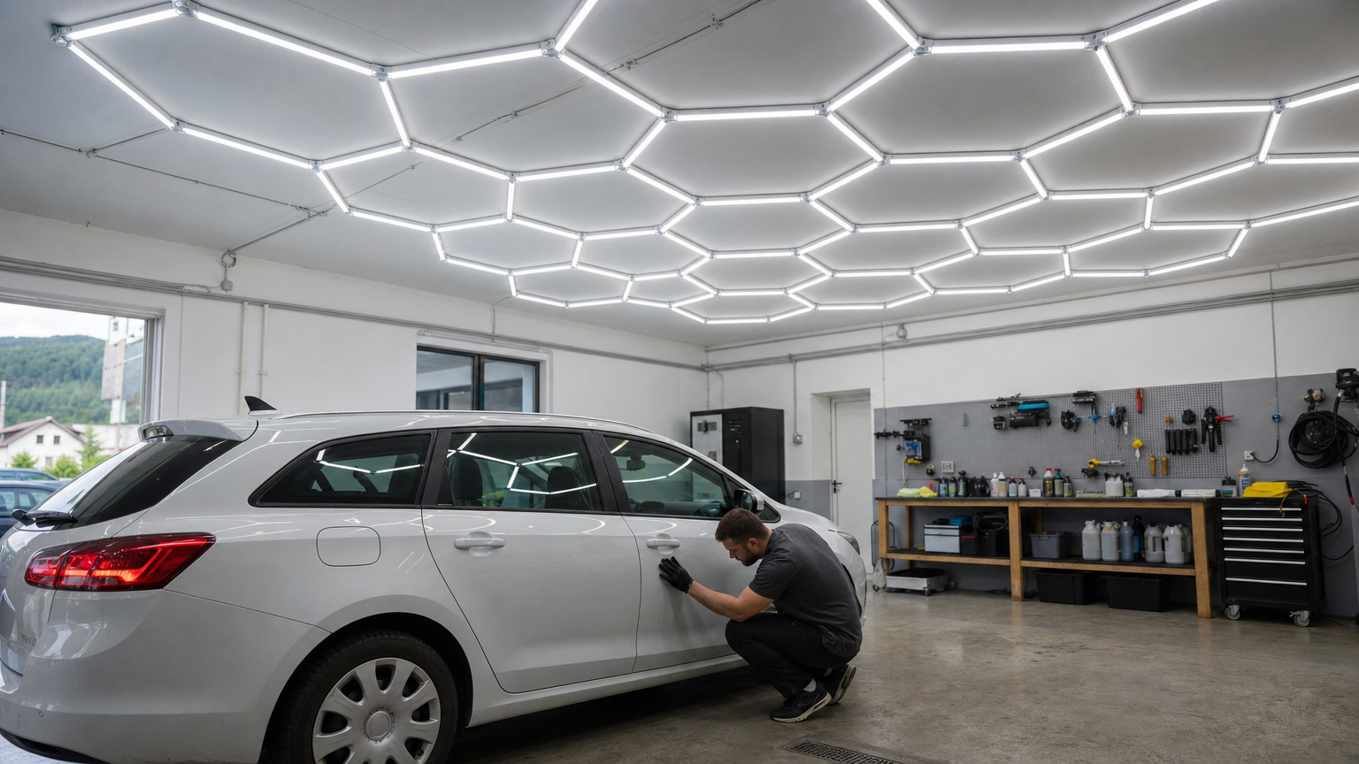Hexagon LED svetila na stropu urejene avtomobilske delavnice