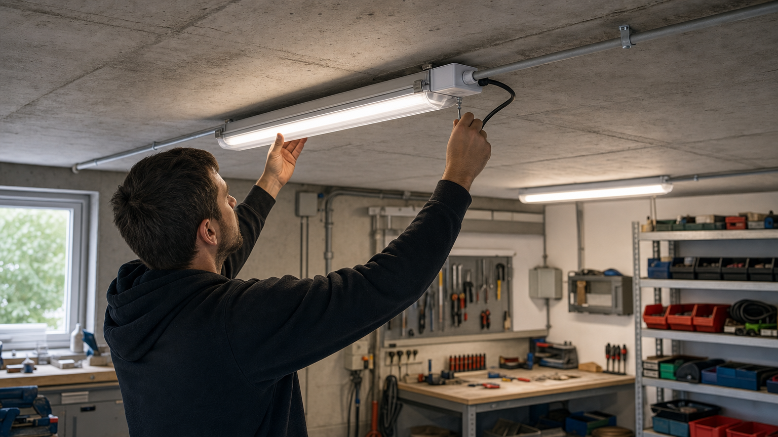 Električar namešča linearno svetilo IP65 v urejeni delavnici